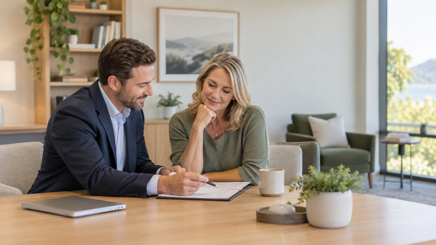 A client and adviser discussing finance options at a table