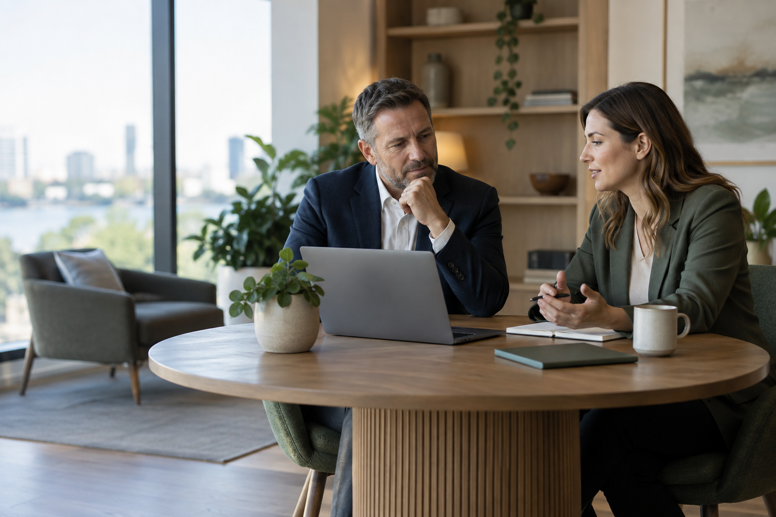 A business owner and adviser discussing finance planning in an office